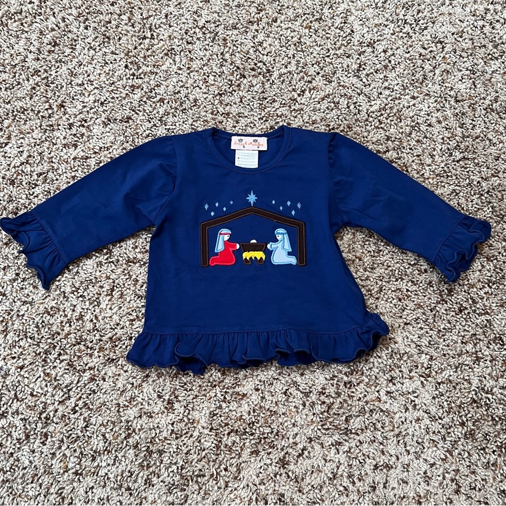 Smock Monkey Blue Ruffled Kids Top with Nativity Scene Size 9 Month NWOT
